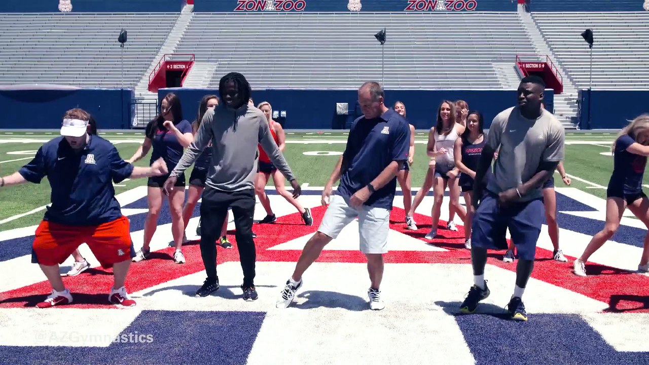 Arizona Gymnastics and Football teams did the 'Whip Nae Nae' Dance with their coach Rich Rodriguez