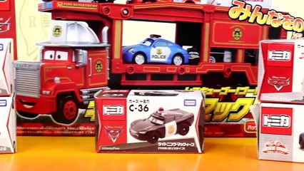 Disney Pixar Cars Fire Rescue Squad Mack Hauler With Tomy Lightning McQueen Mater Police Sally