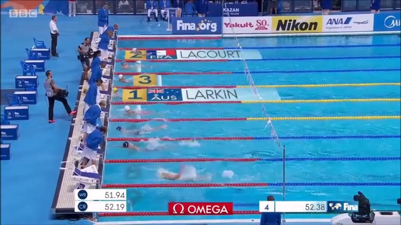 100m dos H (demi-finales) - ChM 2015 natation, Stravius (out) et Lacourt (52.70)