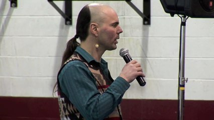 Crit Callebs speaking at the Tsleil-Waututh Nation Solidarity Night.