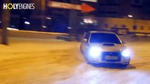 Subaru WRX STi Powersliding on Snow at City Night