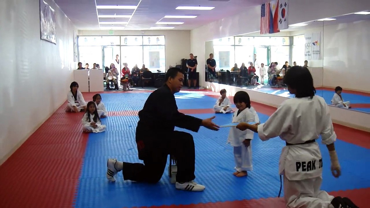 Un petit garçon trop mignon doit casser une planche avec son pied au taekwondo