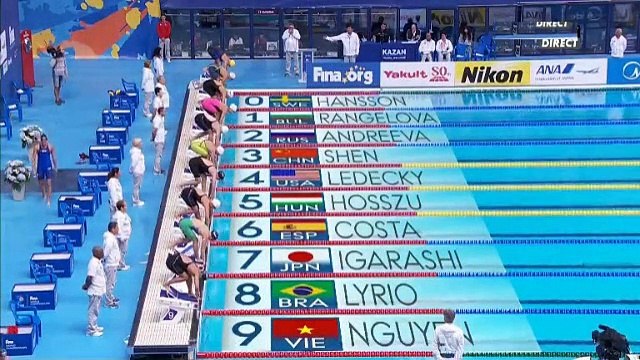 Séries 200m libre F - ChM 2015 natation (Bonnet, Hosszu, Pellegrini, Ledecki)
