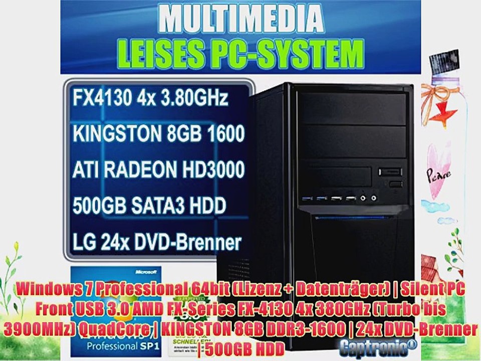 Captronic? Windows 7 Professional 64bit (Lizenz   Datentr?ger) | Silent PC Front USB 3.0 AMD