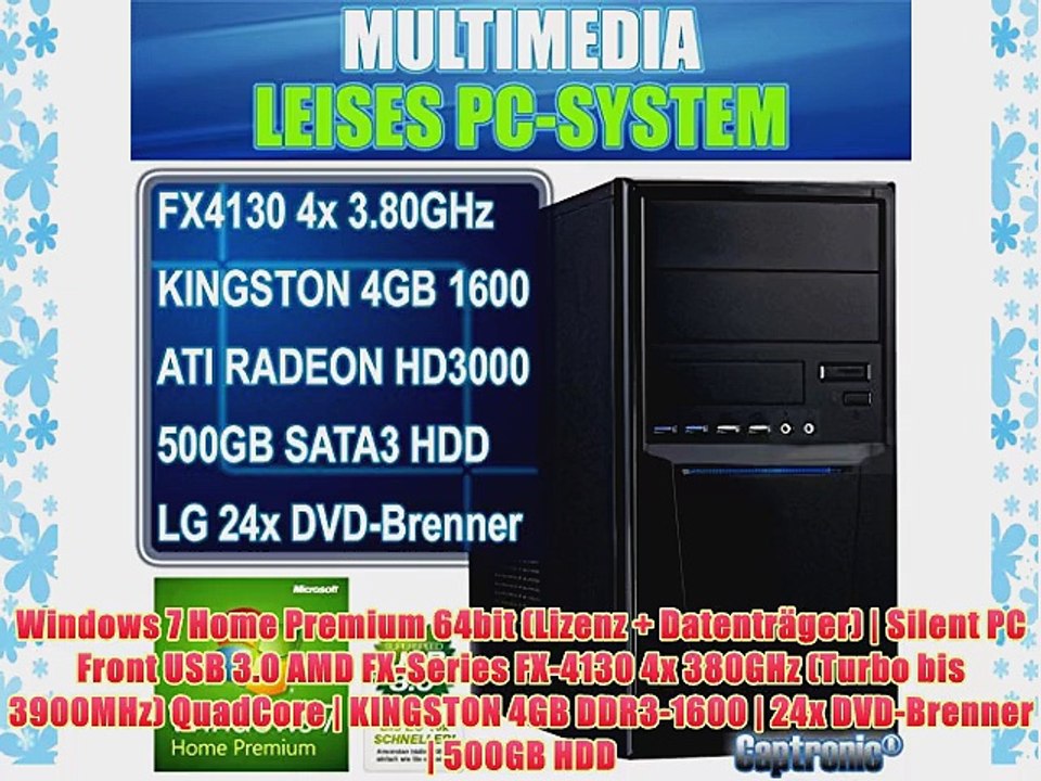 Captronic? Windows 7 Home Premium 64bit (Lizenz   Datentr?ger) | Silent PC Front USB 3.0 AMD