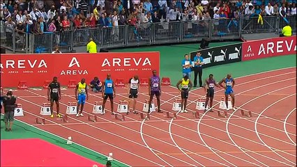 Usain Bolt defeats Asfa Powell in Stade de France (Paris) 100m 16.07.10. (including interview)