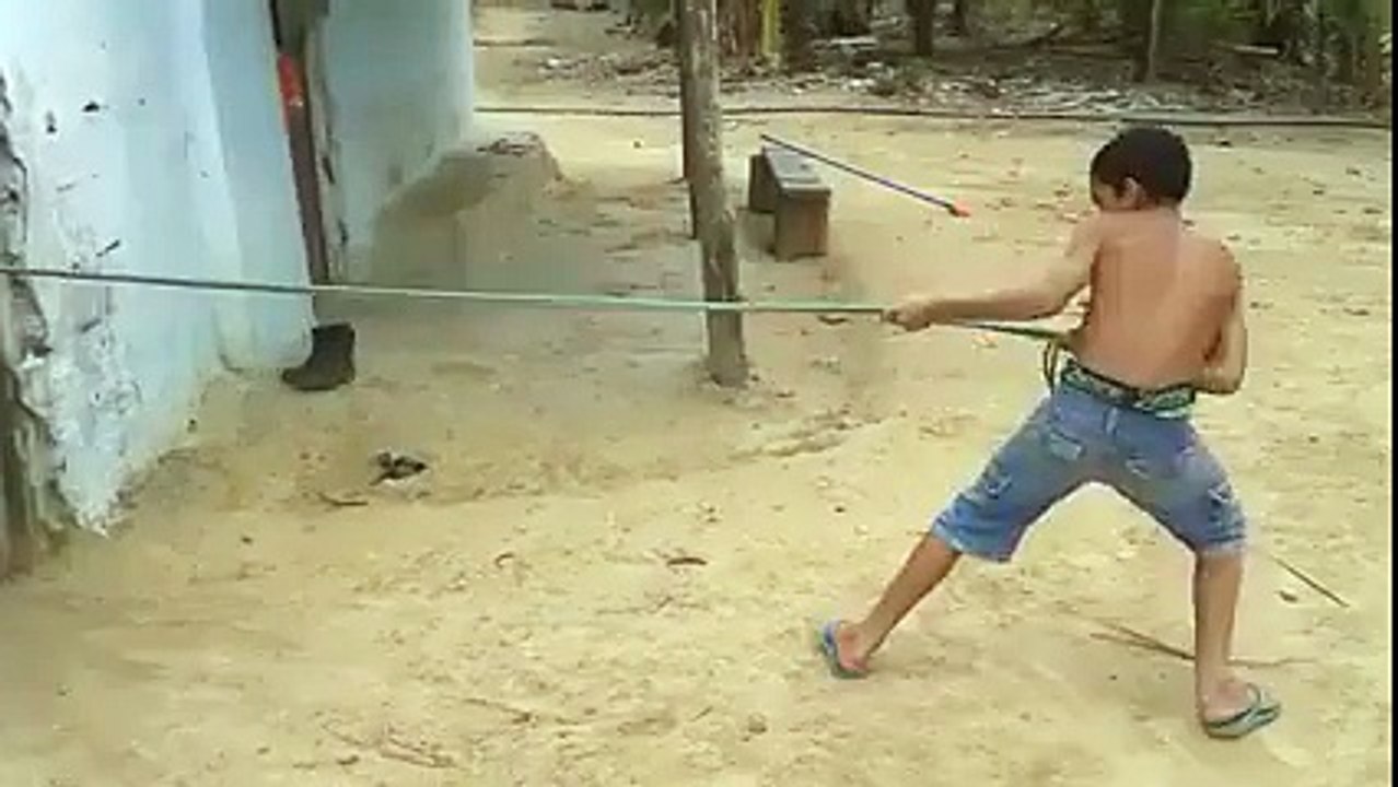 He is Pulling something with rope:watch till end you will roll on floor