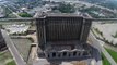 Drone Flies Over Abandoned Train Station in Detroit, Michigan USA