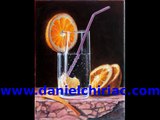D.C. Chiriac fine art oranges, orange slice and tonic gin glass, oil on canvas still life painting