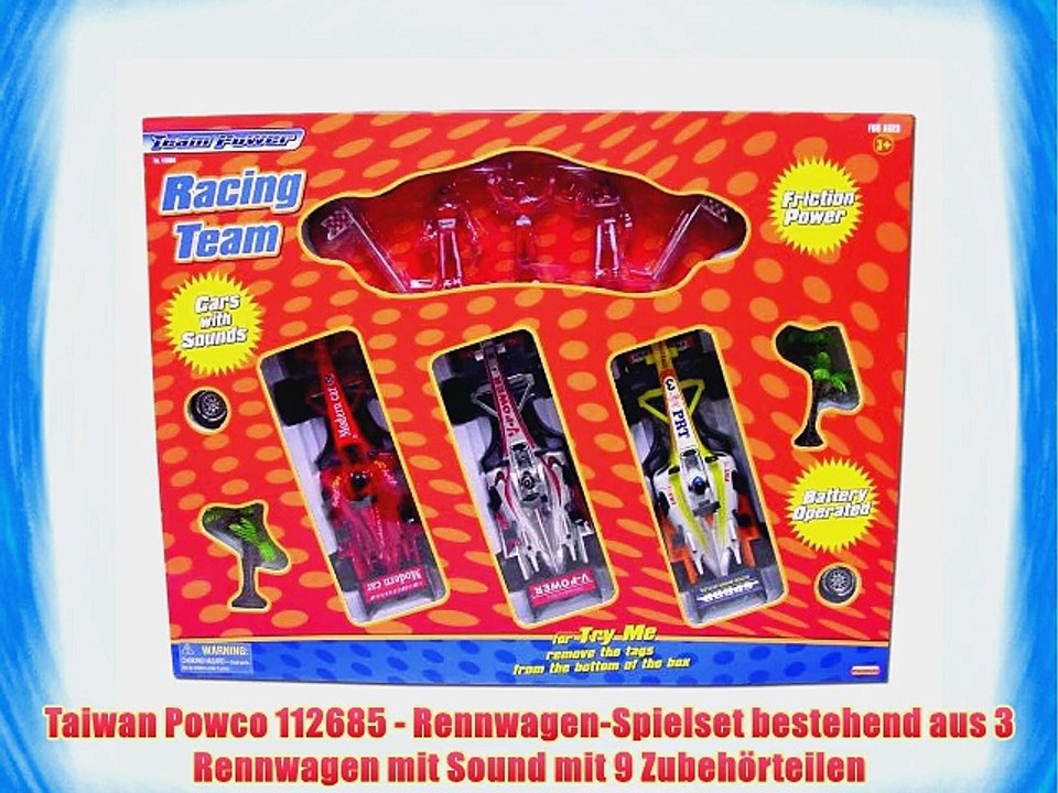 Taiwan Powco 112685 - Rennwagen-Spielset bestehend aus 3 Rennwagen mit Sound mit 9 Zubeh?rteilen
