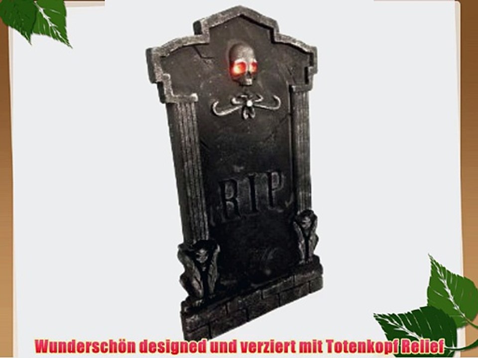 Riesiger LED Leuchtaugen Grabstein mit Totenkopf Relief und R.I.P. Inschrift cooles Farbwechselspiel