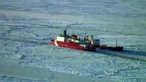Fuel tanker Renda escorted by Coast Guard ice breaker Arctic sea ice