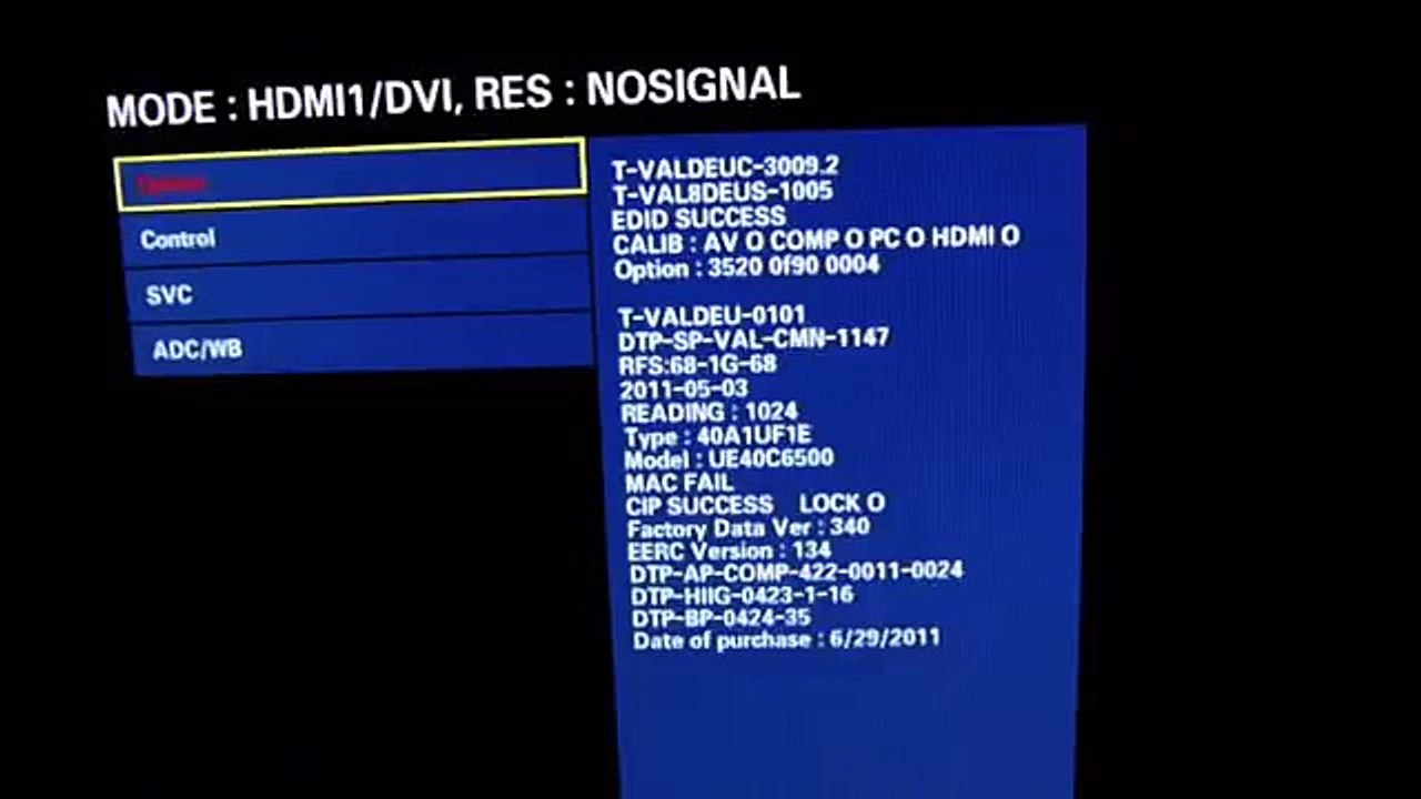 Samsung UE40C6500 Service menu