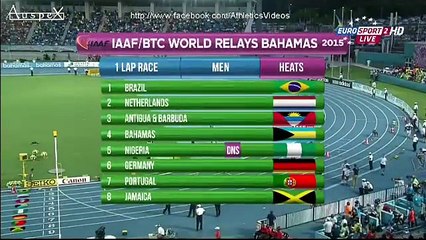 4x100m 1st heat world relays 2015 Usain Bolt Jamaïca