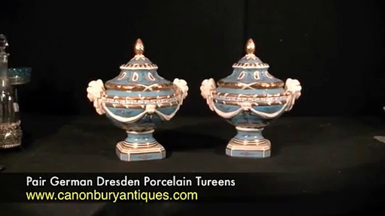 Pair German Dresden Porcelain Tureens Lidded Urns Cherub Handles