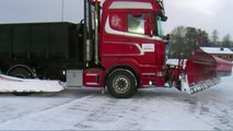 Winter December 8, 2012 Snow plowing with Scania truck and Volvo wheel loaders
