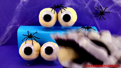 Spooky Halloween Play Doh Shopkins Spiderman Spongebob Spiders Surprise Eggs StrawberryJamToys