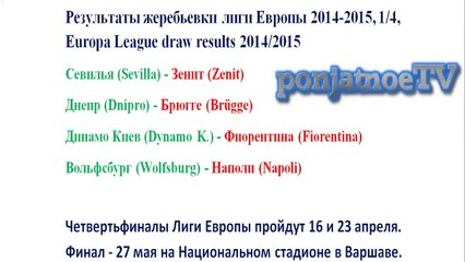 результаты жеребьевки лиги Европы 2014 2015, 1/4, Europa League draw results 20142015