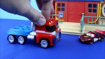 Disney Pixar Cars Lightning McQueen gets saved by Transformers Optimus Prime Bane Joker