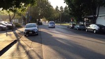 Google self-driving mini-car on Bryant Street in Mountain View in front of Tied House