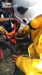 boy gets his foot stuck in the pedal bike