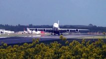 Emirates Airbus A380 Crosswind Takeoff At Gatwick Airport.