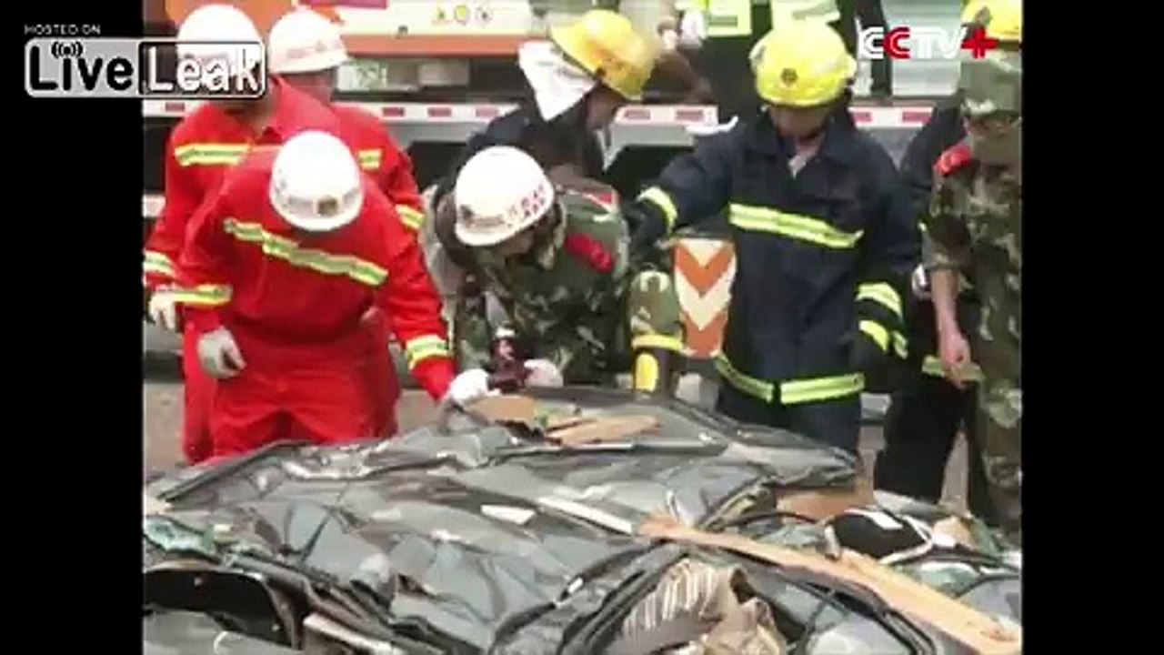 Truck in China flattens car with 6 people inside.