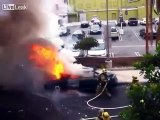 Car explodes in front of a firefighter's face Brave firefighter