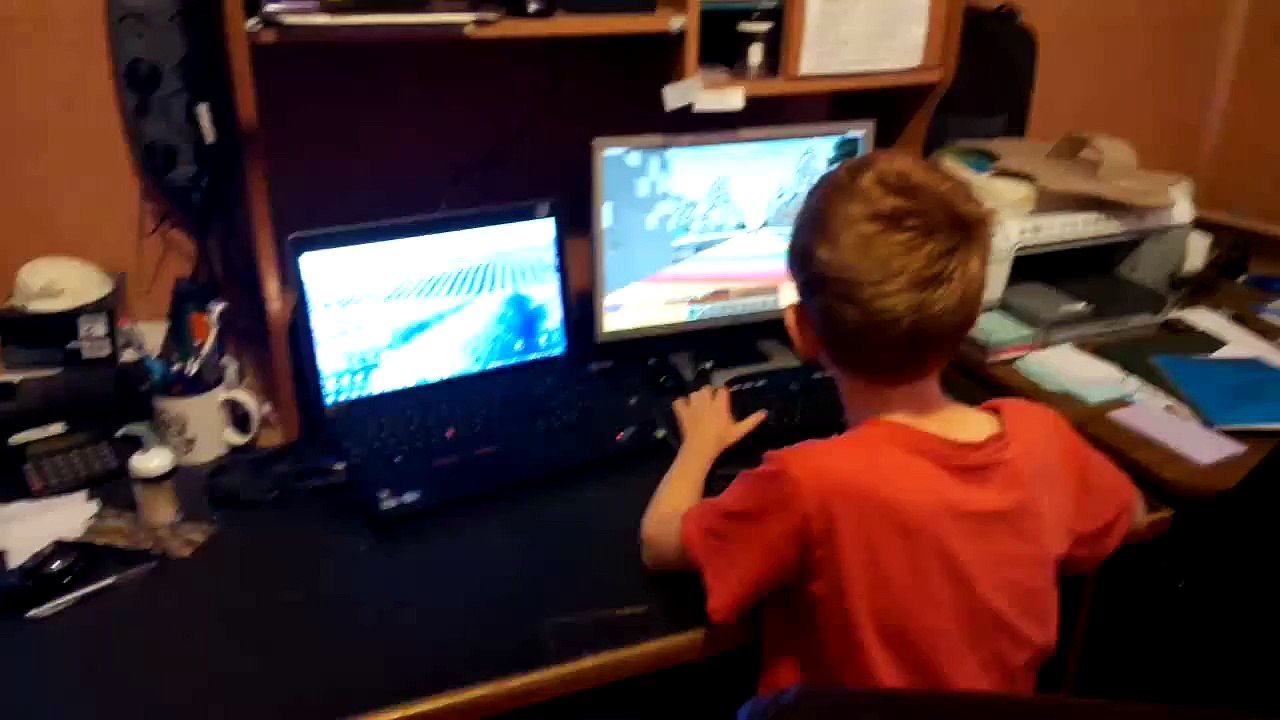 T-rex roars at a boy playing minecraft!