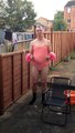 ALS ice bucket challenge in woman's swimming outfit and peppa pig arm bands lol