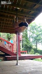 Girl does a pole dancing after a bong rip!