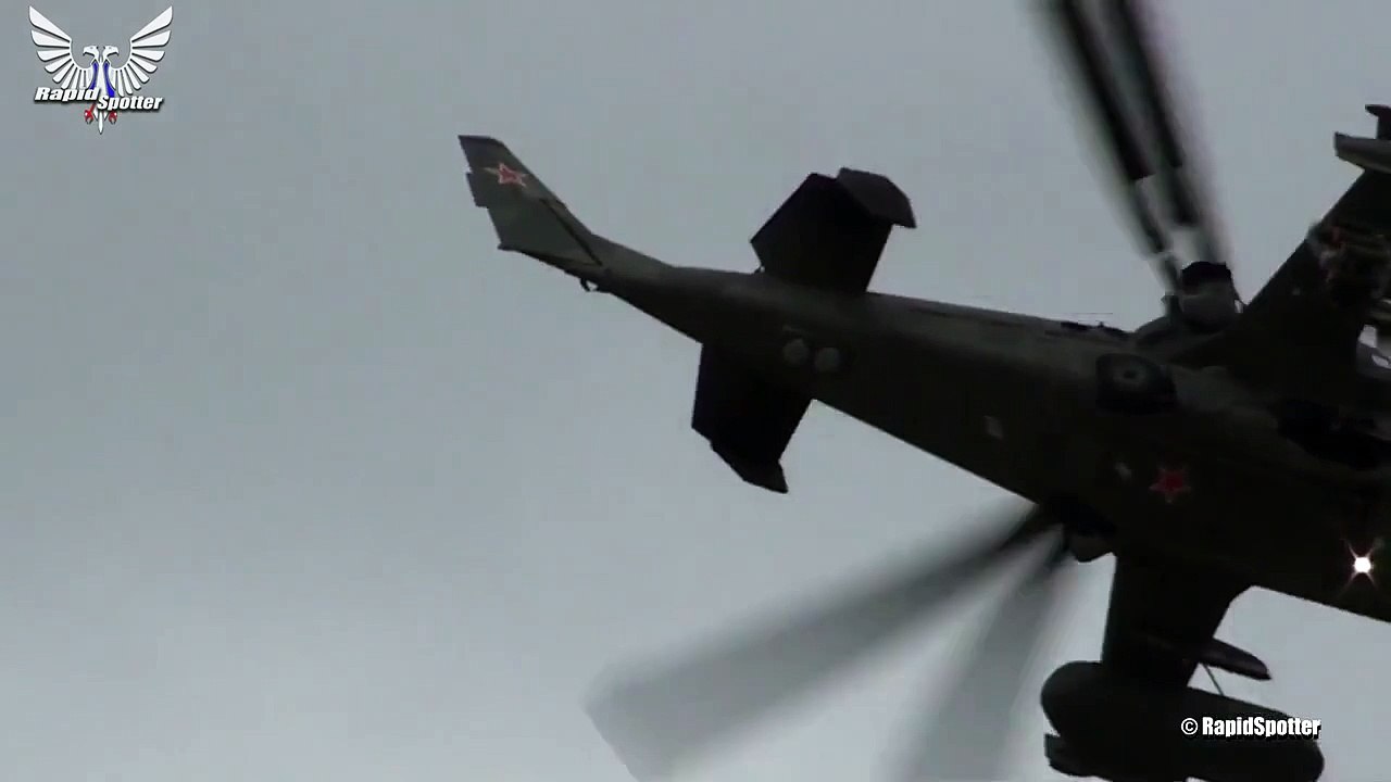 Russian attack helicopter KA 52 fly over hand