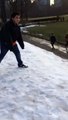 Mexican kid excided about snow falls into a mud puddle in central park New York