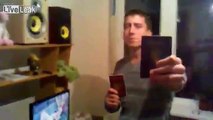 Resident of Crimea tears Ukrainian passport and listen to the Russian national anthem.