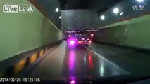 Driver's cabin folded backwards when truck loses control in tunnel
