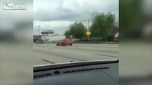 Did you hear something_ 3 wheel mustang cruises down highway