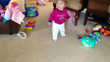Ella dancing to the funny little bunnies Disney cartoon.