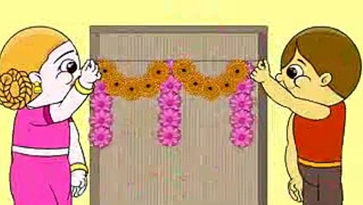 Cartoon of happy diwali wish in hindi with arti