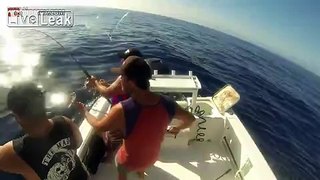 Marlin jumps into fishing boat
