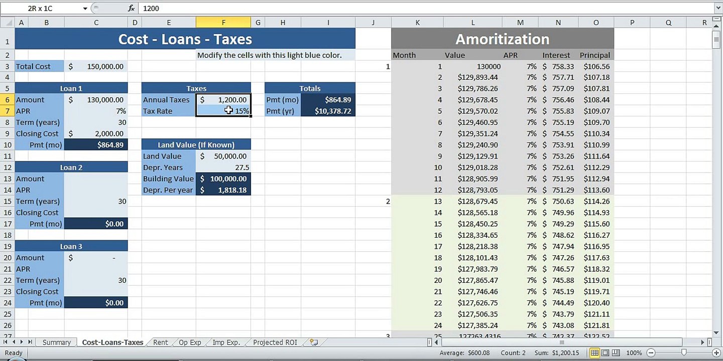 Investment Property Spreadsheet Real Estate Excel ROI Income NOI Template