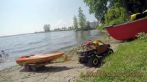 Modified axial Honcho with custom boat trailer. launching aquacraft hammer