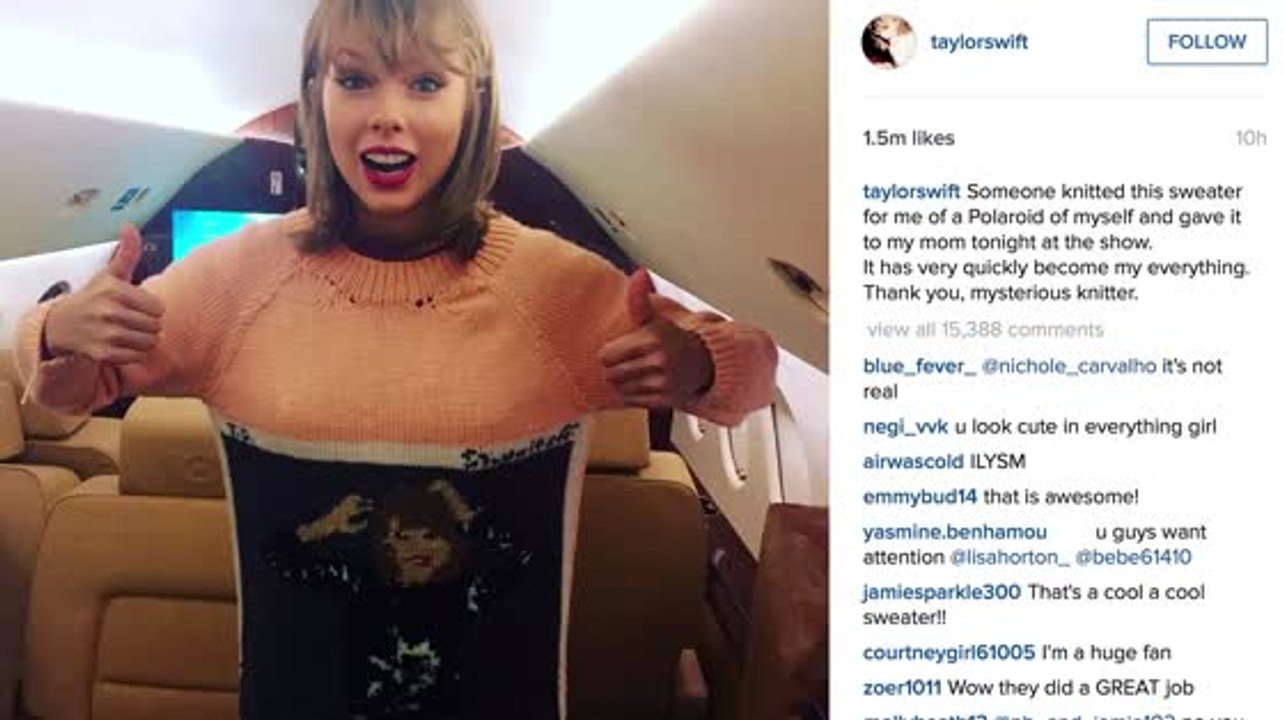 Taylor swift freut sich über einen pullover, den ihr ein fan strickte