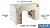 Cosco Elements Loft Bed with 3-Drawer Dresser and Toy Box Bookcase with Door, White Stipple