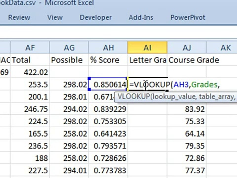 Learn Excel 2010 - "Percentage Score To Letter Grade - Part IVof IV": Podcast #1544