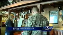 Military husband surprises wife at lunch