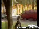 Russian Drunking guy fights with tree