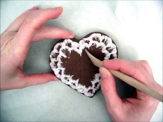 Pink Lace Heart Cookie.  Chocolate Sugar cookie with Royal Icing Decoration.