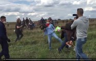 Une journaliste hongroise fait un croc-en-jambe et décoche un coup de pied à des réfugiés