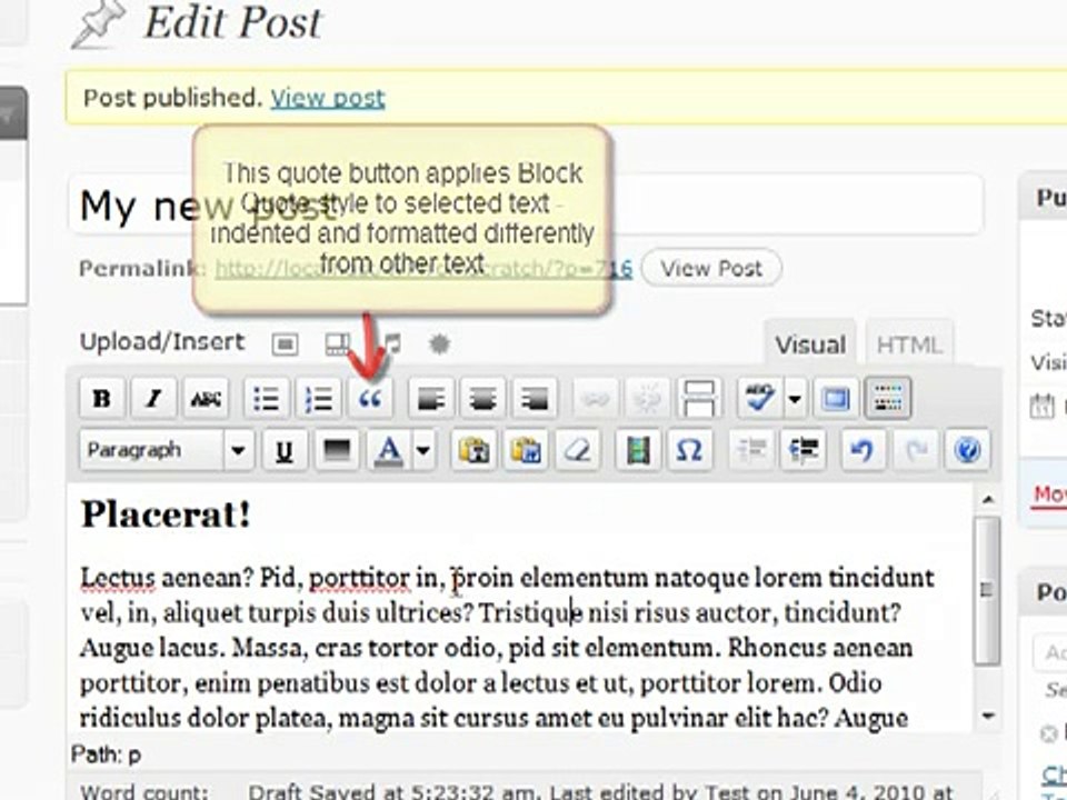 Using the Wordpress text editor toolbar