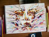 Drawing abstract surreal portrait with felt tip pens